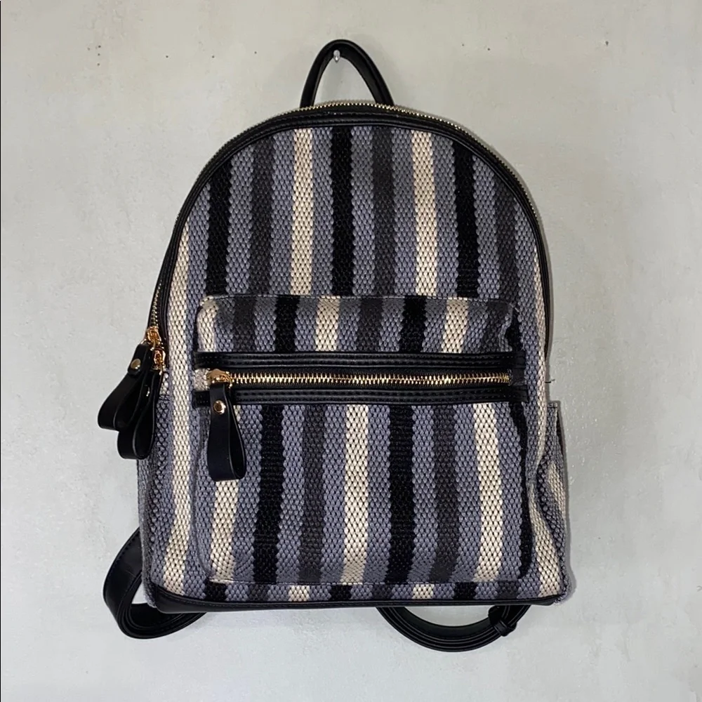 MODA Luxe Trent Backpack Blue Striped Patterned Fabric Faux Leather Travel Bag